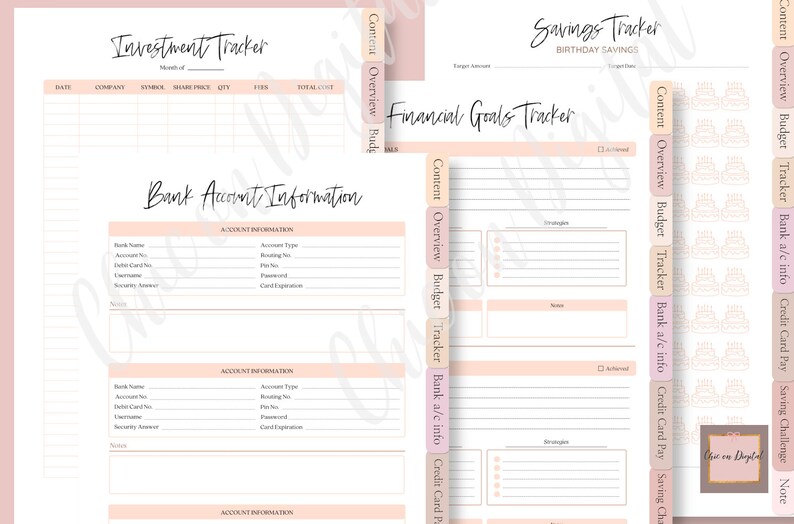 May include: A printable financial tracker with sections for investments, savings, financial goals, and bank account information. The tracker has a pink and white color scheme with a floral design.