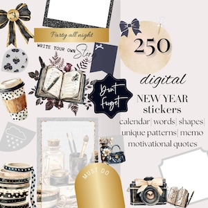 Pegatinas digitales de AÑO NUEVO Goodnotes, Noteshelf de celebración de 2025, pegatinas con citas motivacionales, PNG precortados para widgets digitales, kit de resolución