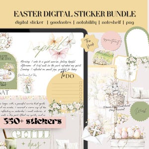 May include: A digital sticker bundle with over 350 Easter-themed stickers. The stickers feature pastel colors, floral designs, bunnies, eggs, and inspirational quotes. The stickers are perfect for digital planners, notes, and journals.