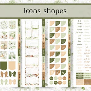 Op de afbeelding: Een vel plannerstickers met de woorden "icons shapes". De stickers bevatten verschillende vormen, pictogrammen en tekstlabels in groen-, bruin- en beigetinten. Er zijn ook strikvormen en tekst zoals "To do" en "Pay Day".