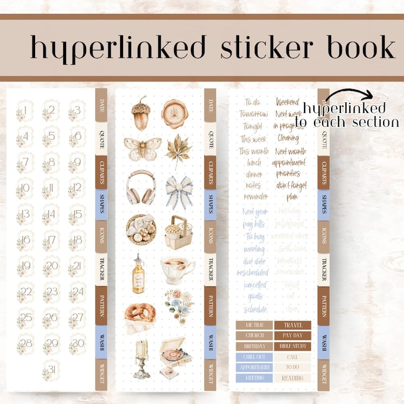 May include: A digital hyperlinked sticker book featuring three vertical panels with tabs labeled Date, Quote, Cliparts, Shapes, Icons, Tracker, Pattern, Washi, and Widget. The pages display numbered dates, watercolor illustrations, and text lists.