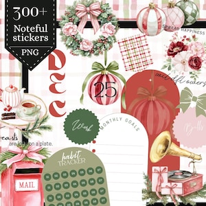 May include: A collection of digital stickers and decorative elements with a Christmas theme. Includes wreaths, ornaments, floral arrangements, and text such as "SPREAD HAPPINESS" and "habit tracker". The color palette features red, green, and pink.