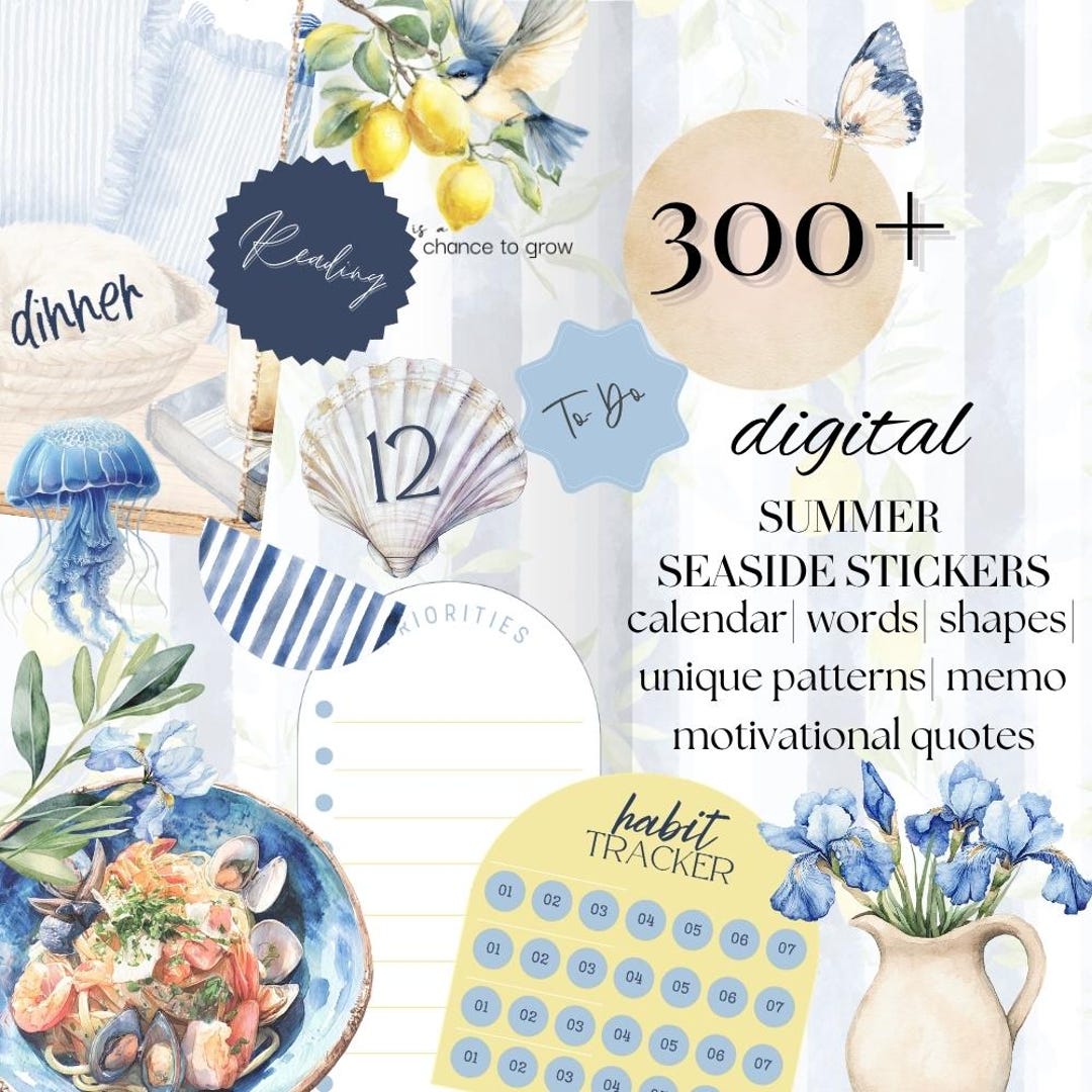 Summer Seaside Digital Planner Stickers: Pre-cropped PNG Goodnotes ...