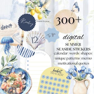 May include: Digital summer seaside stickers with calendar, words, shapes, unique patterns, memo, and motivational quotes. The image features a watercolor design with a seashell, a habit tracker, and a vase of blue flowers.