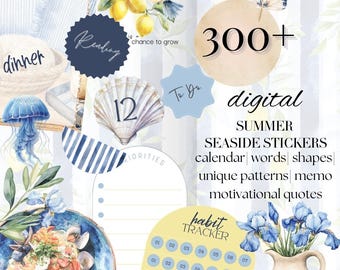 Summer Seaside Digital Planner Stickers: Pre-cropped PNG GoodNotes Noteful Sticker bundle, June July monthly pack 26BKG7