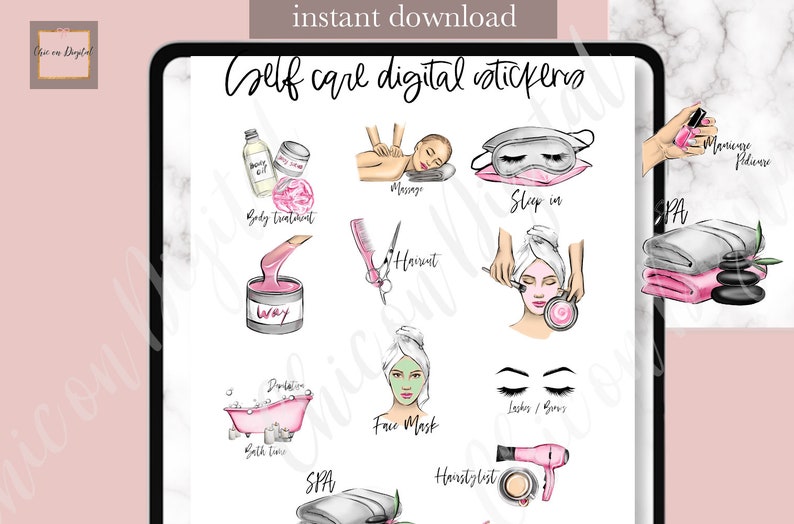 Pegatinas digitales para planificación de belleza, Goodnotes de autocuidado, pegatinas digitales para cortes de pelo, pegatinas digitales para spa, pegatinas para manicura, Goodnotes para relajarse imagen 1