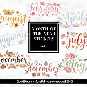 May include: A collection of watercolor stickers featuring the months of the year, including August, February, April, January, November, December, July, and May. The stickers are adorned with seasonal illustrations and the text "MONTH OF THE YEAR STICKERS vol 1".