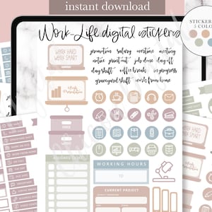 May include: Digital stickers for work and life organization. The stickers are in five colors: pink, blue, green, brown, and beige. The stickers feature icons and text related to work, such as "work hard work smart", "promotion", "salary", "overtime", "meeting", "notice", "print out", "job done", "day off", "day shift", "coffee break", "in progress", "graveyard shift", "work from home", "assigned tasks", "working hours", "current project", "focus".