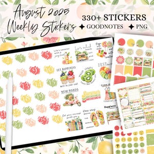 PEGATINAS GOODNOTES de agosto, pegatinas digitales mensuales, pegatinas digitales de frutas de verano, paquete de pegatinas coloridas, paquete de diario de verano de julio a agosto