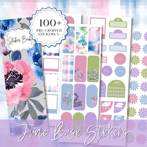 May include: A set of 100+ pre-cropped stickers featuring a floral theme with blue, pink, and green colours. The stickers include a variety of shapes and sizes, including circles, squares, rectangles, and flowers. The stickers are perfect for adding a touch of whimsy to planners, journals, and other paper crafts.