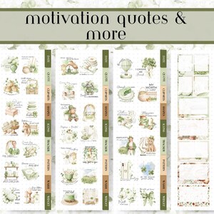 Op de afbeelding: Een verzameling decoratieve stickers en labels met een motiverend thema. De stickers bevatten aquarel illustraties van verschillende objecten, waaronder dieren, planten en citaten. Het kleurenpalet is voornamelijk groen en wit.