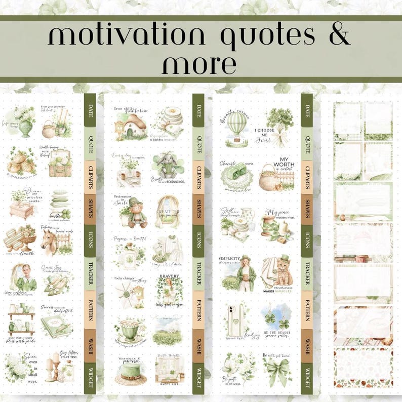 Op de afbeelding: Een verzameling decoratieve stickers en labels met een motiverend thema. De stickers bevatten aquarel illustraties van verschillende objecten, waaronder dieren, planten en citaten. Het kleurenpalet is voornamelijk groen en wit.