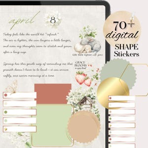 May include: Digital planner page with the word "april" in green script, the number "8", and text about spring. Includes illustrations of bunnies, flowers, and strawberries. The words "70+ digital SHAPE Stickers" are also visible.