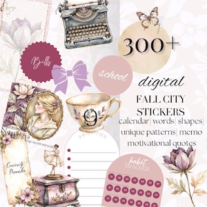 Pack vintage d'autocollants GoodNotes Fall City, lot d'autocollants pour agenda numérique, autocollants d'octobre vue d'automne, autocollants numériques widget icône washi