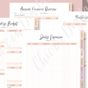 May include: A printable budget planner with sections for weekly, monthly, and annual financial planning. The planner includes sections for income, expenses, savings, debts, and a daily expense tracker. The planner is designed with a pink and white color scheme.