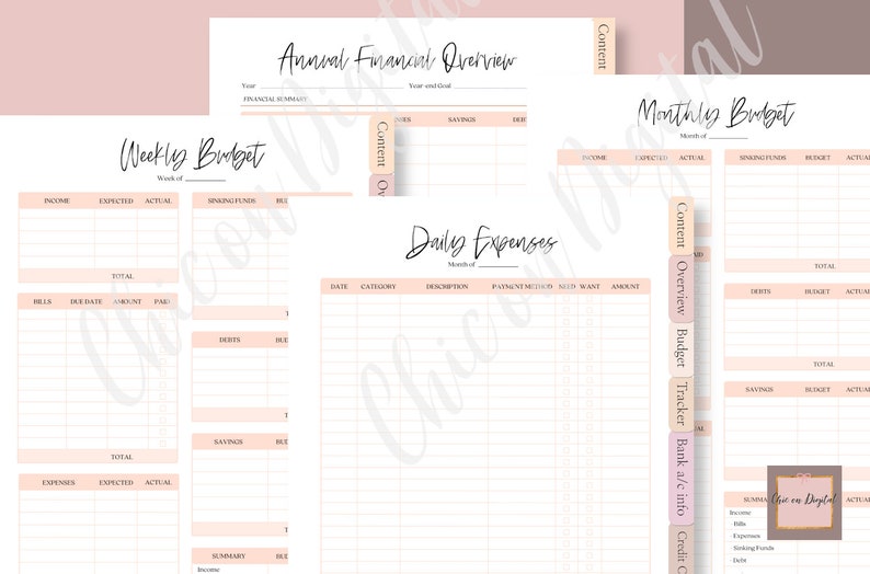 May include: A printable budget planner with sections for weekly, monthly, and annual financial planning. The planner includes sections for income, expenses, savings, debts, and a daily expense tracker. The planner is designed with a pink and white color scheme.