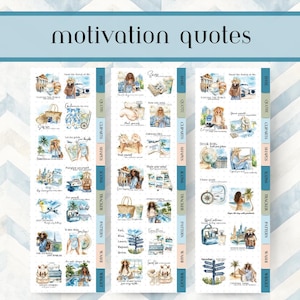 May include: Three sticker sheets with watercolor illustrations and text. The top text reads "motivation quotes." Each sheet has sections labeled "Date," "Quote," "Cliparts," "Shapes," "Icons," "Tracker," "Pattern," "Washi," and "Widget."