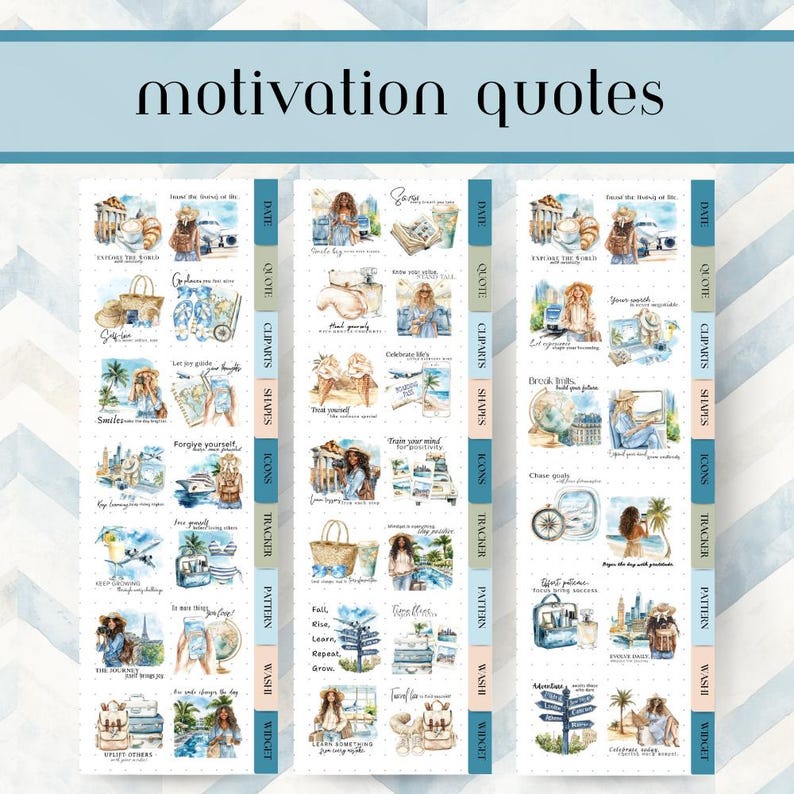 May include: Three sticker sheets with watercolor illustrations and text. The top text reads "motivation quotes." Each sheet has sections labeled "Date," "Quote," "Cliparts," "Shapes," "Icons," "Tracker," "Pattern," "Washi," and "Widget."