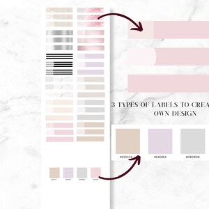 Peut inclure: Une conception num&eacute;rique pr&eacute;sentant diff&eacute;rents styles d'&eacute;tiquettes et des palettes de couleurs. L'image pr&eacute;sente trois types d'&eacute;tiquettes de couleur rose clair, accompagn&eacute;s d'un nuancier avec des codes hexad&eacute;cimaux. Le texte indique : "3 TYPES OF LABELS TO CREATE YOUR OWN DESIGN."