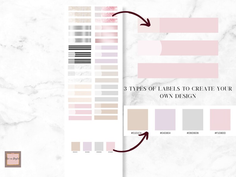 Peut inclure: Une conception num&eacute;rique pr&eacute;sentant diff&eacute;rents styles d'&eacute;tiquettes et des palettes de couleurs. L'image pr&eacute;sente trois types d'&eacute;tiquettes de couleur rose clair, accompagn&eacute;s d'un nuancier avec des codes hexad&eacute;cimaux. Le texte indique : "3 TYPES OF LABELS TO CREATE YOUR OWN DESIGN."