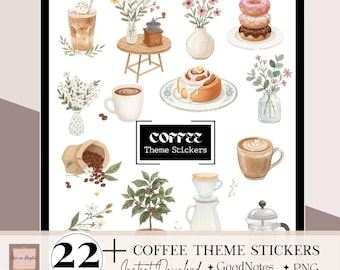 Coffee theme digital Stickers, GoodNotes Noteful sticker coffee lover, planning stickers, floral spring cliparts, Exclusive PNG stickers