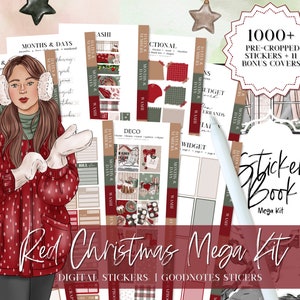 May include: Red and green Christmas themed digital sticker pack for Goodnotes. The pack includes over 1000 pre-cropped stickers and 11 bonus covers. The image features a woman in a red jacket with white polka dots and a green scarf.