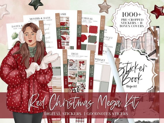 DIGITAL STICKER BUNDLE, Goodnotes stickers, Christmas digital stickers, sticker for planner, Red christmas, Essential Digital Stickers,