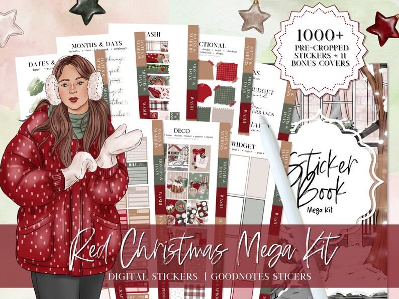 DIGITAL STICKER BUNDLE, Goodnotes stickers, Christmas digital stickers, sticker for planner, Red christmas, Essential Digital Stickers, widget, days of the week, washi stickers, digital sticker pack, icon sticker, months & days, digital memo sticker,