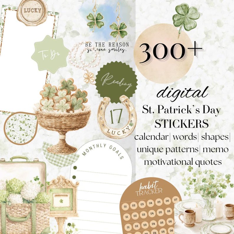 St Patrick DIGITAL Sticker Goodnotes, 26 maart Noteful iPad digitale stickerbundel, Lucky Irish stickerkit, datumpictogramtracker 26BKGN2 afbeelding 1