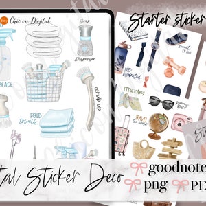 May include: Digital sticker kit with illustrations of cleaning supplies, travel items, and accessories. Includes a spray bottle, towels, a basket of brushes, a globe, a camera, and a watch. The text "Starter sticker kit" is visible.
