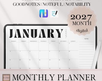 2027 DATED MONTHLY PLANNER, GoodNotes Planner 2027, Minimalistic Dated Digital Planner, iPad Noteful Noteshelf, 12 month calendar plan