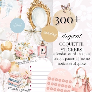 Könnte beinhalten: Digitale Coquette-Aufkleber mit Kalender, Wörtern, Formen, einzigartigen Mustern, Notizen und motivierenden Zitaten. Das Bild zeigt einen goldgerahmten Spiegel, einen Parfümflakon mit der Zahl 15 und eine rosa Handtasche mit einer Schleife.