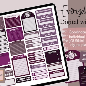 May include: A digital planner widget set with purple and white accents. The set includes various sections for tracking expenses, groceries, bills, goals, and more. The text "Everyday Digital Widget" is displayed at the top of the image.