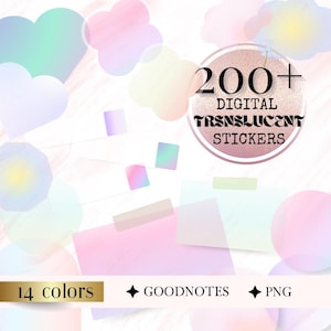 Op de afbeelding: Meer dan 200 digitale doorschijnende stickers in 14 kleuren. De stickers zijn in verschillende vormen, waaronder harten, wolken en sterren. De stickers zijn perfect om een vleugje whimsy toe te voegen aan je digitale planner of notities.  GOODNOTES PNG