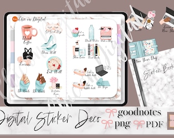 May include: A digital sticker book with a marble background. The stickers are colorful and feature illustrations of various activities, such as drinking coffee, exercising, and taking a bubble bath. The text "Plan Your Day" and "Sticker Book" are visible on the cover.