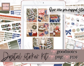 May include: Digital sticker kit with over 220 pre-cropped stickers featuring a Christmas theme. The stickers are in a variety of colors, including red, green, blue, and white. The stickers are perfect for adding a festive touch to your planner, journal, or other paper crafts.