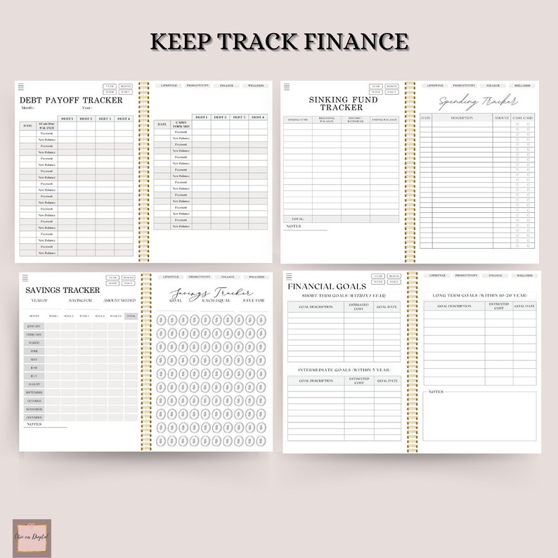 K&ouml;nnte beinhalten: Ein schwarz-wei&szlig;er druckbarer Finanzplaner mit Seiten zur Verfolgung von Schulden, Ersparnissen, Sinking Funds, Ausgaben und finanziellen Zielen. Der Planer hat eine goldene Spiralbindung und die Worte "Keep Track Finance" oben.