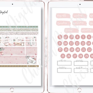 May include: A digital planner page with pink and gold accents. The page includes a calendar, daily boxes, and sections for self-care, priorities, appointments, birthdays, must-dos, and social media. The text "Chic on Digital" is at the top of the page.