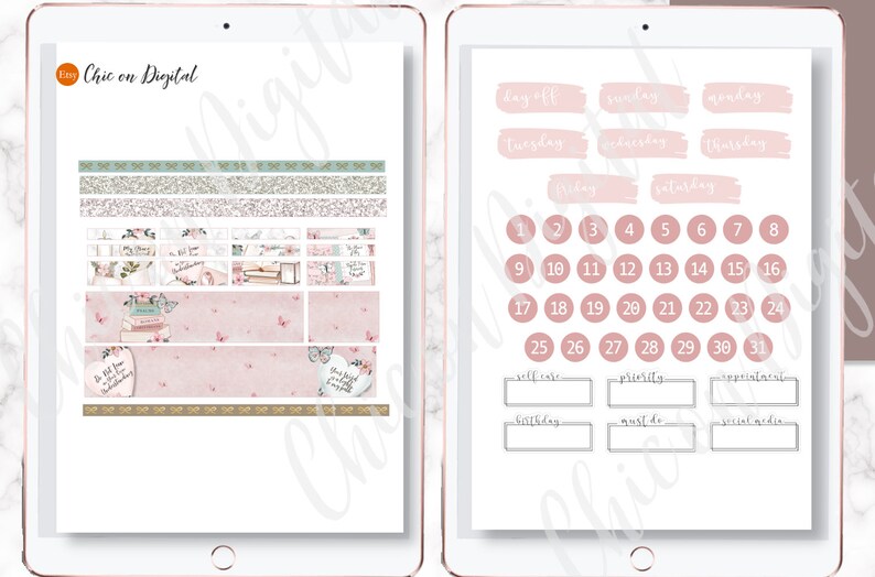 May include: A digital planner page with pink and gold accents. The page includes a calendar, daily boxes, and sections for self-care, priorities, appointments, birthdays, must-dos, and social media. The text "Chic on Digital" is at the top of the page.