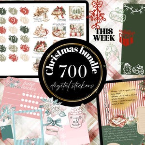 May include: A digital sticker bundle with a Christmas theme. The image features a variety of stickers, including Christmas-themed illustrations, calendar elements, and text that reads "Christmas bundle 700 digital stickers" and "This Week".