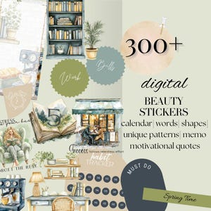 Peut inclure: Un pack de stickers numériques avec plus de 300 stickers présentant une variété de designs, y compris un calendrier, des mots, des formes, des motifs uniques, des mémos et des citations motivantes. Les stickers sont illustrés dans un style aquarelle avec une palette de couleurs verte et brune.