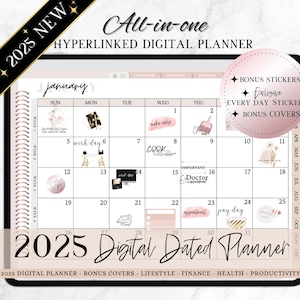 Könnte beinhalten: Ein digitaler Planer für das Jahr 2025 mit einem rosa-goldenen Farbschema. Der Planer enthält einen Kalender, To-Do-Listen und andere Funktionen. Der Planer ist hyperverlinkt, d. h. Sie können auf die Links klicken, um auf andere Teile des Planers zuzugreifen.