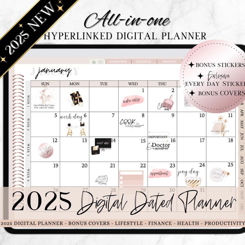 2025 DATED DIGITAL PLANNER, GoodNotes Planner 2025, Minimalistic Dated Digital Planner, iPad Notability Noteshelf Plan, Daily Sticker bundle