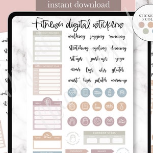 May include: Digital stickers for fitness planning. The stickers are in five colors: pink, blue, green, beige, and gray. The stickers include workout routines, weekly workout plans, current stats, and fitness activities like walking, jogging, running, stretching, cycling, dancing, sit-ups, push-ups, yoga, arms, legs, abs, glutes, waist, hips, pilates, and warm-up.