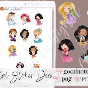 Può includere: Set di adesivi digitali con varie principesse Disney e i loro compagni animali. Gli adesivi sono illustrati in uno stile carino e cartonato con colori tenui. Il set include principesse come Ariel, Belle, Cenerentola e altre.