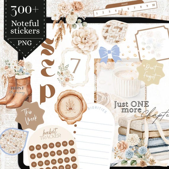 Gentle Autumn Reading Digital Planner Stickers: Pre-cropped PNG GoodNotes Noteful Sticker bundle, September October 2026 sticker pack 26BKG9