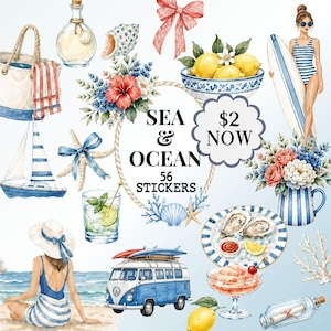 Pode incluir: Uma coleção digital de 56 autocolantes em aguarela com temas de mar e oceano, incluindo um veleiro, um saco de praia, uma prancha de surf, uma carrinha, limões, ostras, um cocktail e arranjos florais, com o texto SEA & OCEAN 56 STICKERS $2 NOW.
