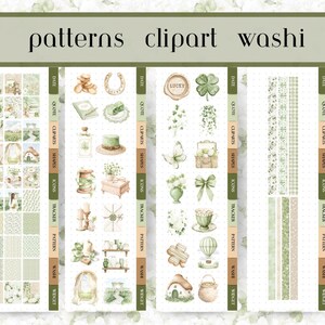 Op de afbeelding: Een verzameling digitale clipart, patronen en washi tape in groen en beige. De afbeelding bevat verschillende illustraties van klavers, vlinders, hoeden en andere decoratieve elementen. De tekst "patterns clipart washi" staat bovenaan.