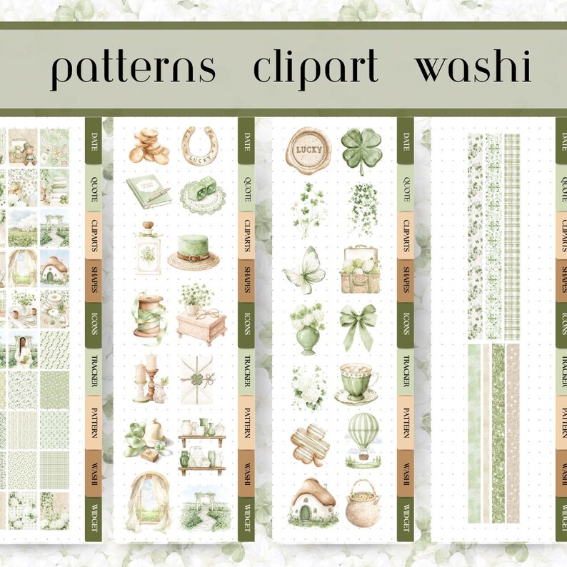 Op de afbeelding: Een verzameling digitale clipart, patronen en washi tape in groen en beige. De afbeelding bevat verschillende illustraties van klavers, vlinders, hoeden en andere decoratieve elementen. De tekst "patterns clipart washi" staat bovenaan.