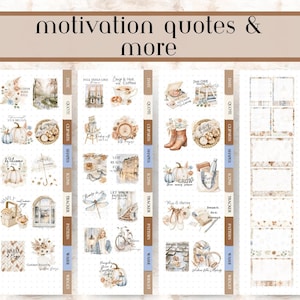 May include: A digital sticker sheet featuring the text motivation quotes & more at the top. The sheet contains various autumn-themed illustrations including pumpkins, coffee cups, boots, bicycles, and floral arrangements, organized into columns with labeled tabs.